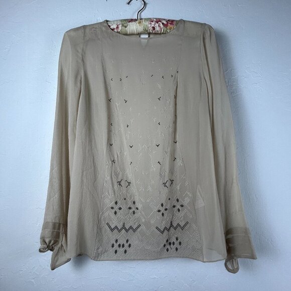 Vanessa Bruno Womens Embroidered Chiffon Silk Blouse Top Sz 36 Ivory Long Sleeve - Picture 1 of 9